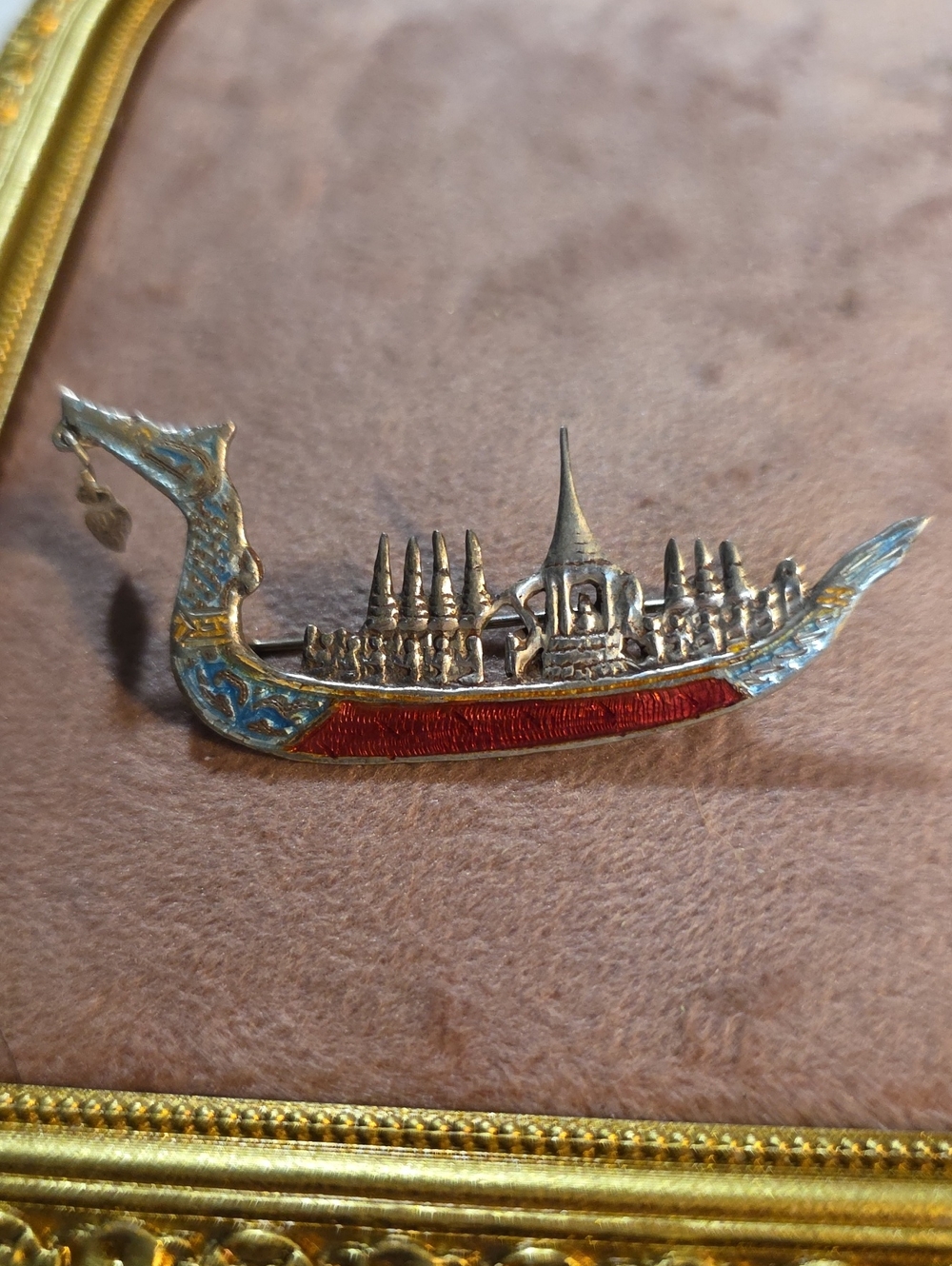 Vintage Siam Sterling Silver Enamel Suphannahongse Royal Barge Brooch